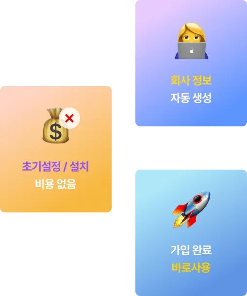 가입 직후 회사 구성과 기준정보가 자동으로 생성된 초기 설정 화면
