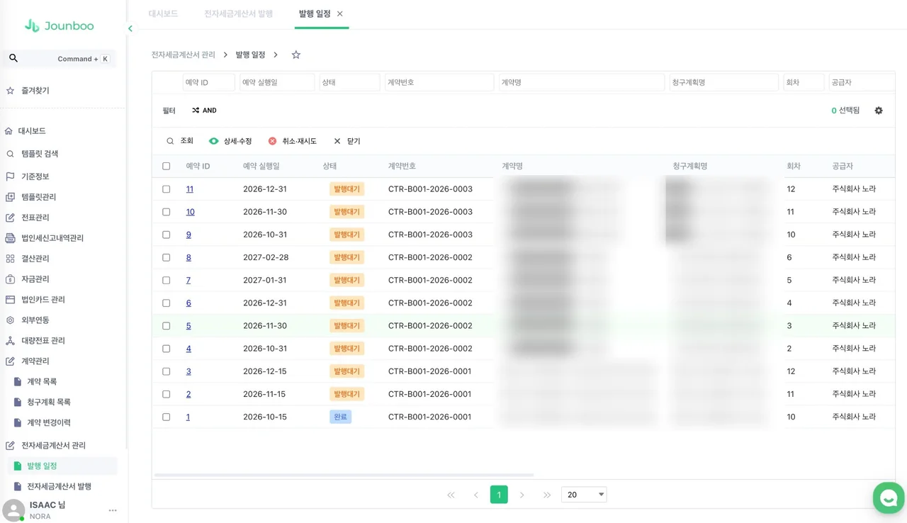 전부의 전자세금계산서 발행 일정 화면. 계약번호별로 예약된 발행 건이 실행일, 발행대기·완료 상태, 회차와 함께 목록으로 표시된다. 계약명과 청구계획명은 가려져 있다.
